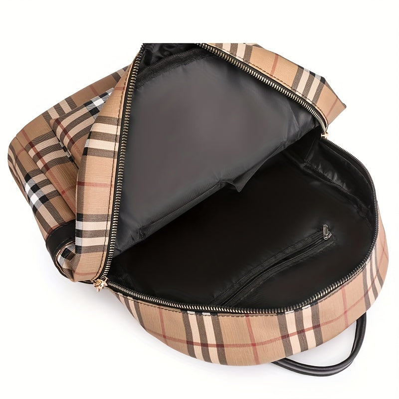 Vintage Plaid PU Material Women's Backpack With Adjustable Straps And Zipper Closure, Casual Style Large Capacity Travel School Bag