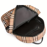 Vintage Plaid PU Material Women's Backpack With Adjustable Straps And Zipper Closure, Casual Style Large Capacity Travel School Bag