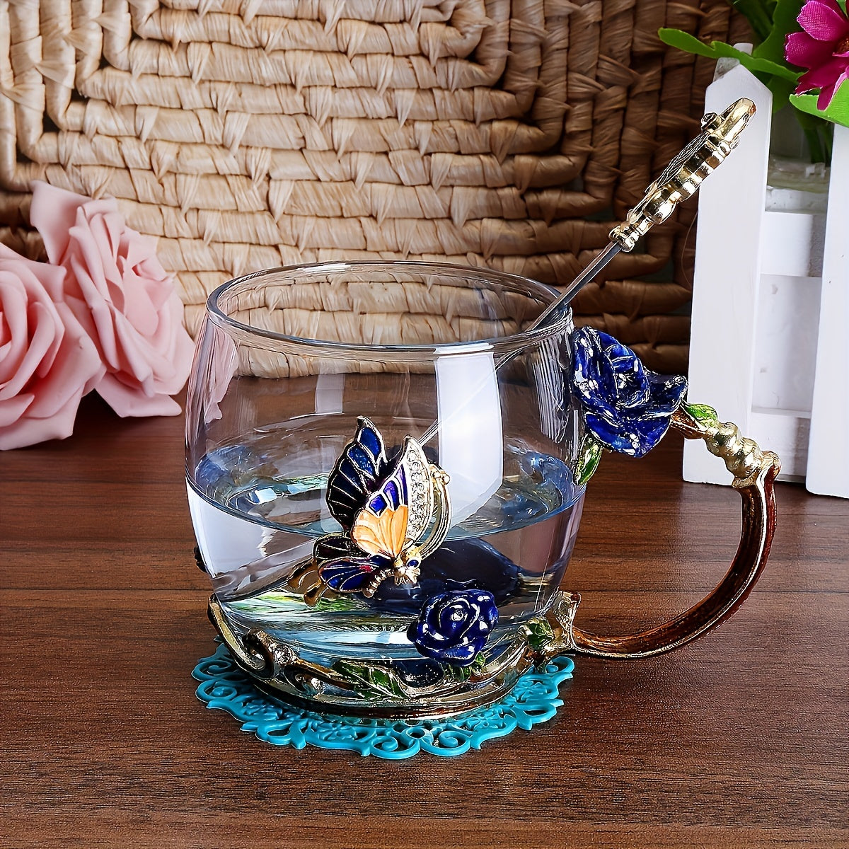 Elegant Ramadan Rose Enamel Glass Tea Cup with Spoon - BPA-Free, Crystal-Embellished Mug for Hot Drinks, Ideal Gift
