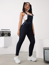 Side Button High Elastic Denim Overalls, Adjustable Strap Elegant Fitting Denim Jumpsuits, Women's Denim Jeans & Clothing