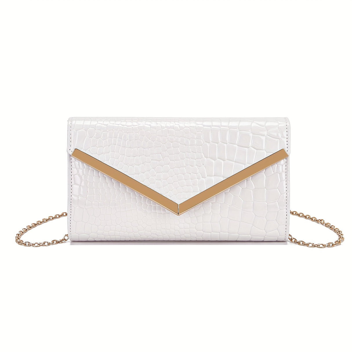 Women's Elegant Envelope Clutch Bag With Detachable Chain Strap, Faux Leather Crocodile Pattern, Metal V-Bar Flap, Daily Shoulder Crossbody Purse