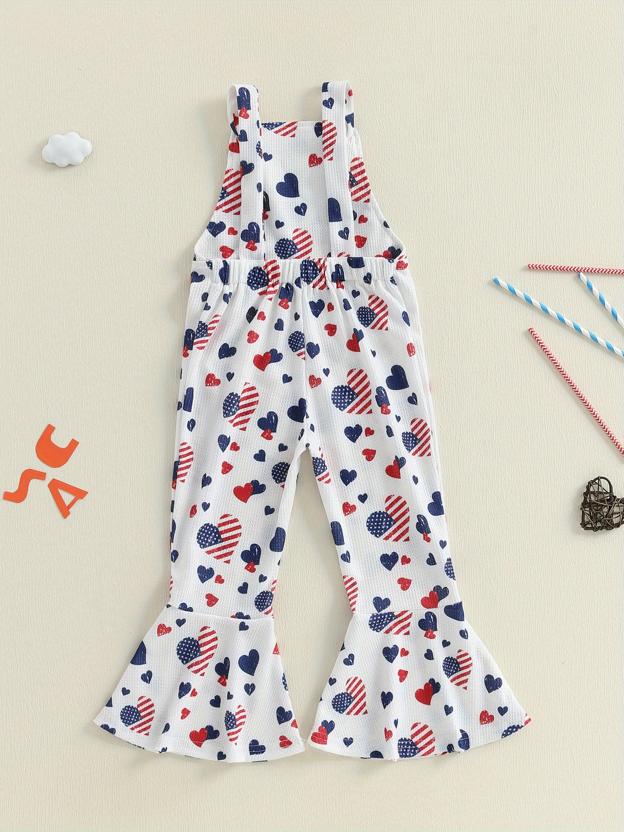 Patriotic Heart Print Flared Overalls for Little Girls – Sleeveless Suspender Pants with Twist Detail, Perfect for 4th of July & Independence Day Celebrations, Navy Blue with Red & White Hearts, Summer Casual Wear, Perfect
