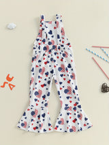Patriotic Heart Print Flared Overalls for Little Girls – Sleeveless Suspender Pants with Twist Detail, Perfect for 4th of July & Independence Day Celebrations, Navy Blue with Red & White Hearts, Summer Casual Wear, Perfect