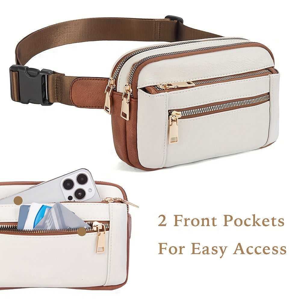 Upgraded Women's Faux Leather Crossbody Bag Belt Bag Fashionable Waist Bag with Adjustable Shoulder Strap Chest Bag with 5 Zipper Pockets