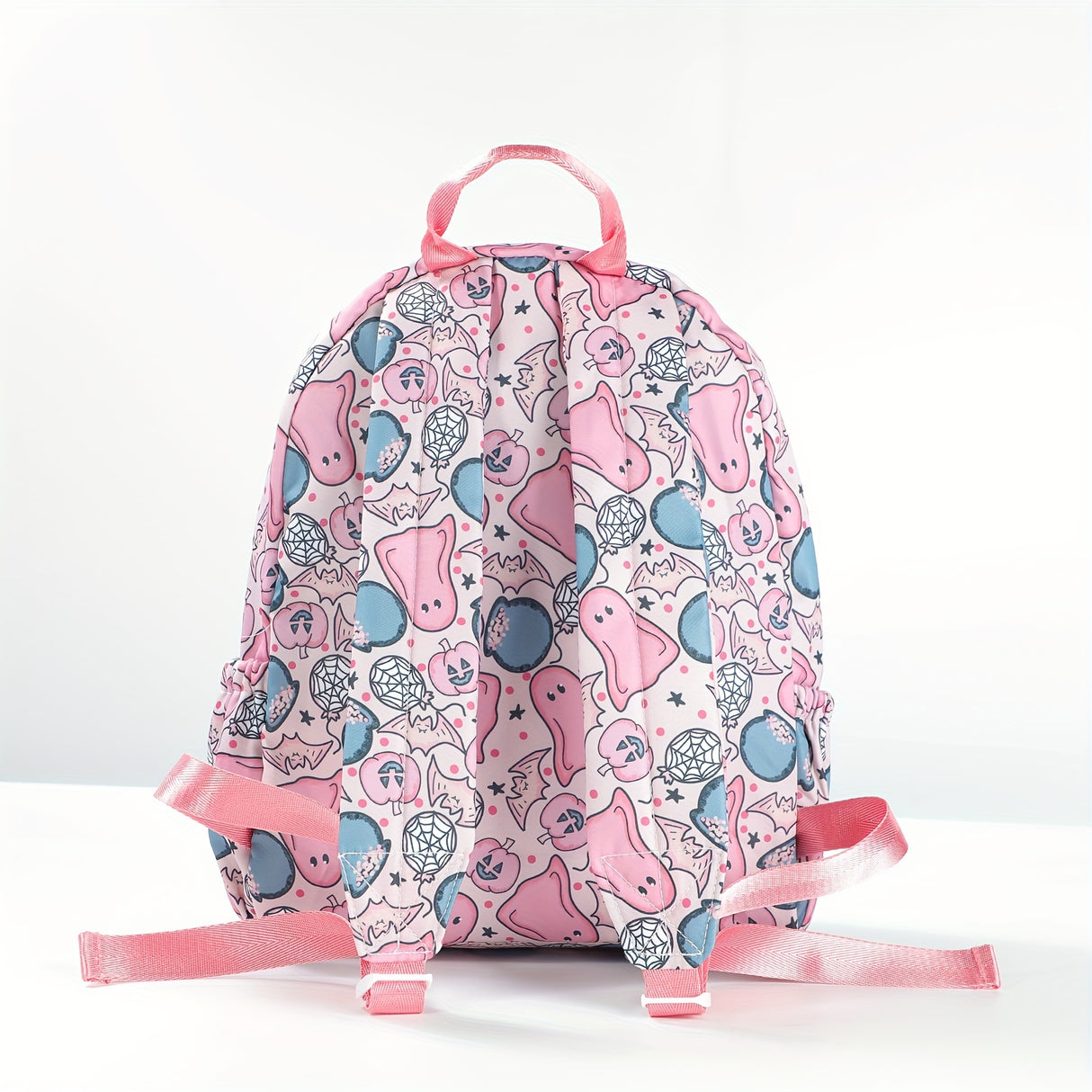 Halloween Charm Backpack - Cute Ghost & Skull Pumpkin Print, Lightweight Large Capacity School Bag with Adjustable Straps and Lace Detail