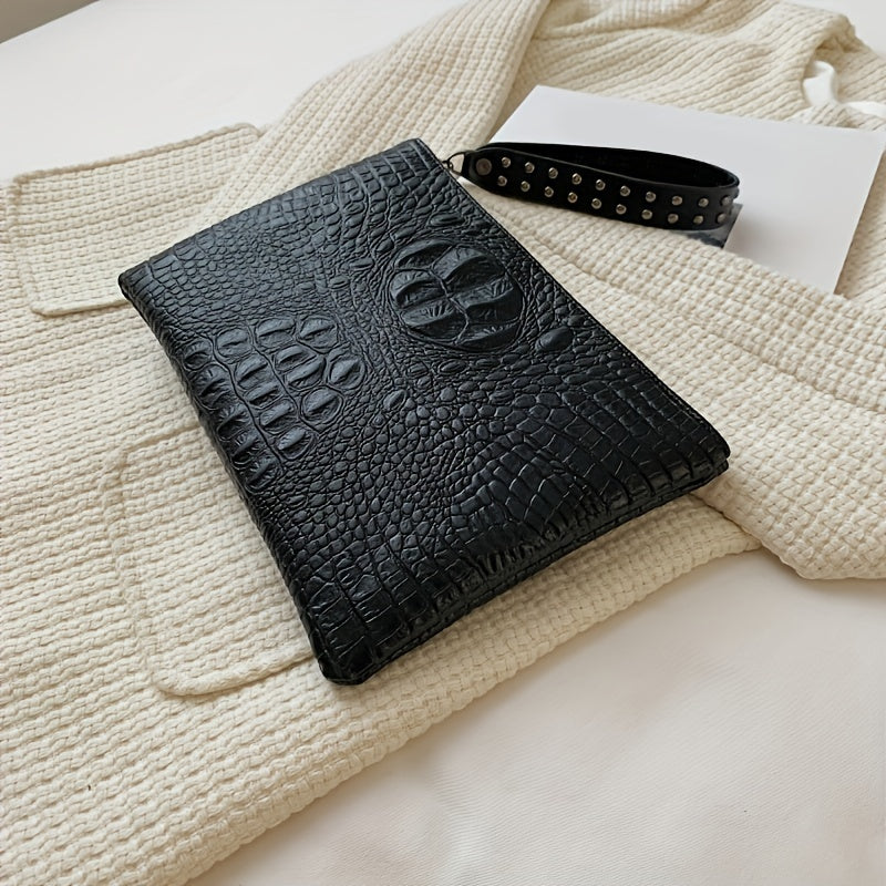 Crocodile Pattern Square Clutch Bag - Zipper Closure, Fixed Shoulder Straps, Animal Print PU Handbag with Polyester Lining and Wristlet - Fashionable Studded Decor for Women