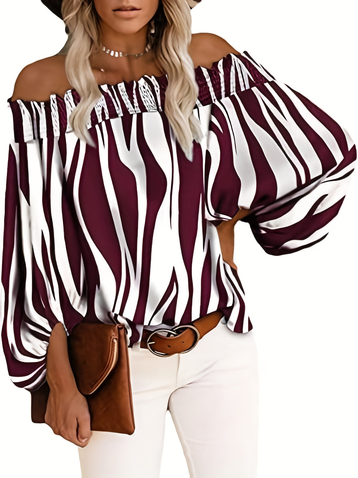 Chic Off Shoulder Striped Blouse - Fashionable Lantern Sleeves - Ultra-Comfortable Womens Casual Top