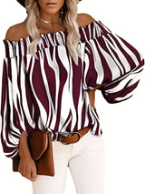 Chic Off Shoulder Striped Blouse - Fashionable Lantern Sleeves - Ultra-Comfortable Womens Casual Top