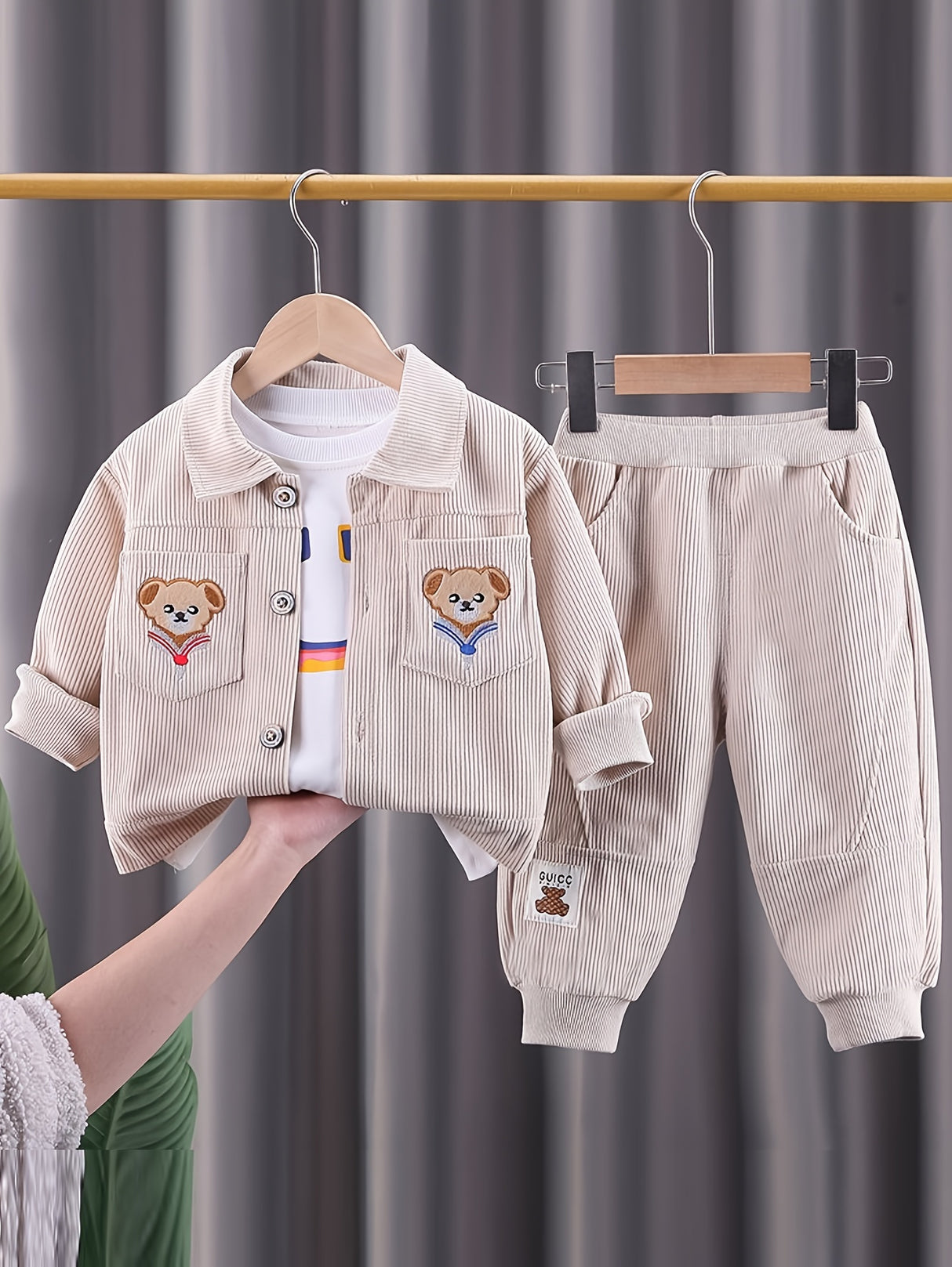2pcs Toddler Boys Stylish Corduroy Outfit Set - Comfortable Casual Sportswear with Adorable Embroidered Bear Design, Complete Coat and Pants - Perfect for Spring and Autumn, Beige