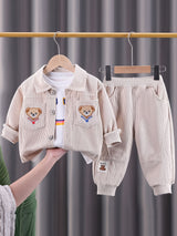 2pcs Toddler Boys Stylish Corduroy Outfit Set - Comfortable Casual Sportswear with Adorable Embroidered Bear Design, Complete Coat and Pants - Perfect for Spring and Autumn, Beige