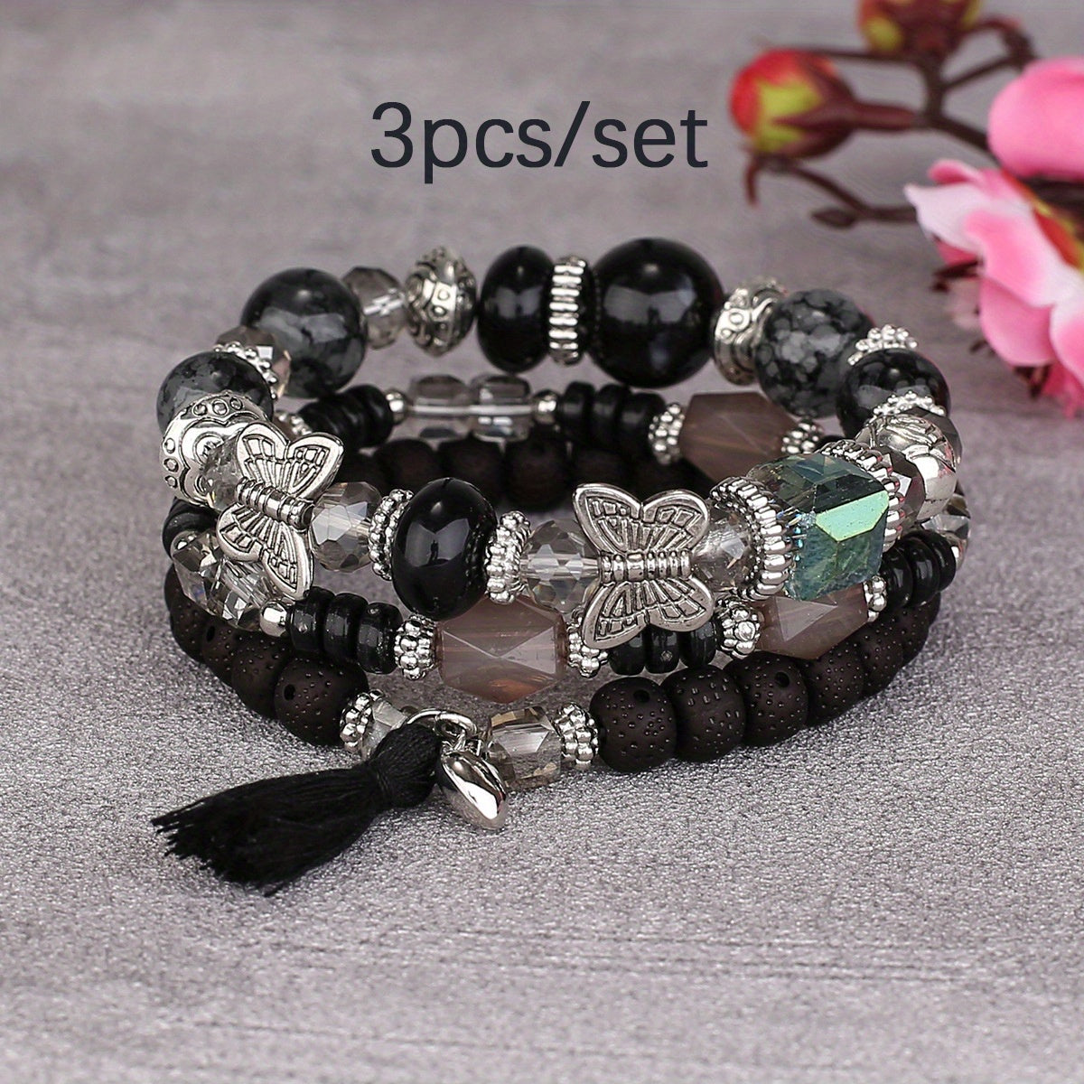 3pcs/set Vibrant Bohemian Butterfly Pendant Tassel Beaded Elastic Multi-Layer Acrylic Bracelets - Stylish Boho Accessories for Men and Women - Perfect Daily Decoration, Gift for Family, Friends, Boyfriends, and Girlfriends on