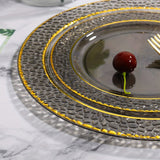 150PCS Clear Black Plastic Plates - Gold Plastic Plates with Gold Plastic Silverware Include: 25Dinner Plates, 25Dessert Plates, 25Cups, 25Forks, 25Knives, 25Spoons for Wedding Party