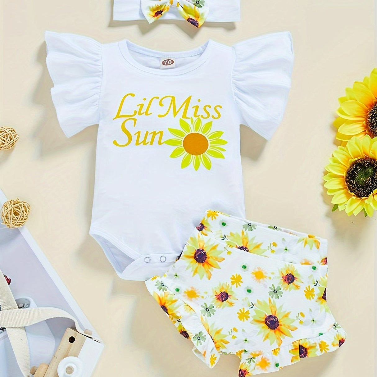 3pcs Baby Girl Summer Outfit: "Little Miss Sunshine" Ruffle Short Sleeve Romper, Floral Shorts & Matching Headband - Cotton Blend, Machine Washable, Casual Baby Clothing | Ruffled Baby Romper | Comfortable Babywear, Baby Girl