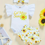 3pcs Baby Girl Summer Outfit: "Little Miss Sunshine" Ruffle Short Sleeve Romper, Floral Shorts & Matching Headband - Cotton Blend, Machine Washable, Casual Baby Clothing | Ruffled Baby Romper | Comfortable Babywear, Baby Girl