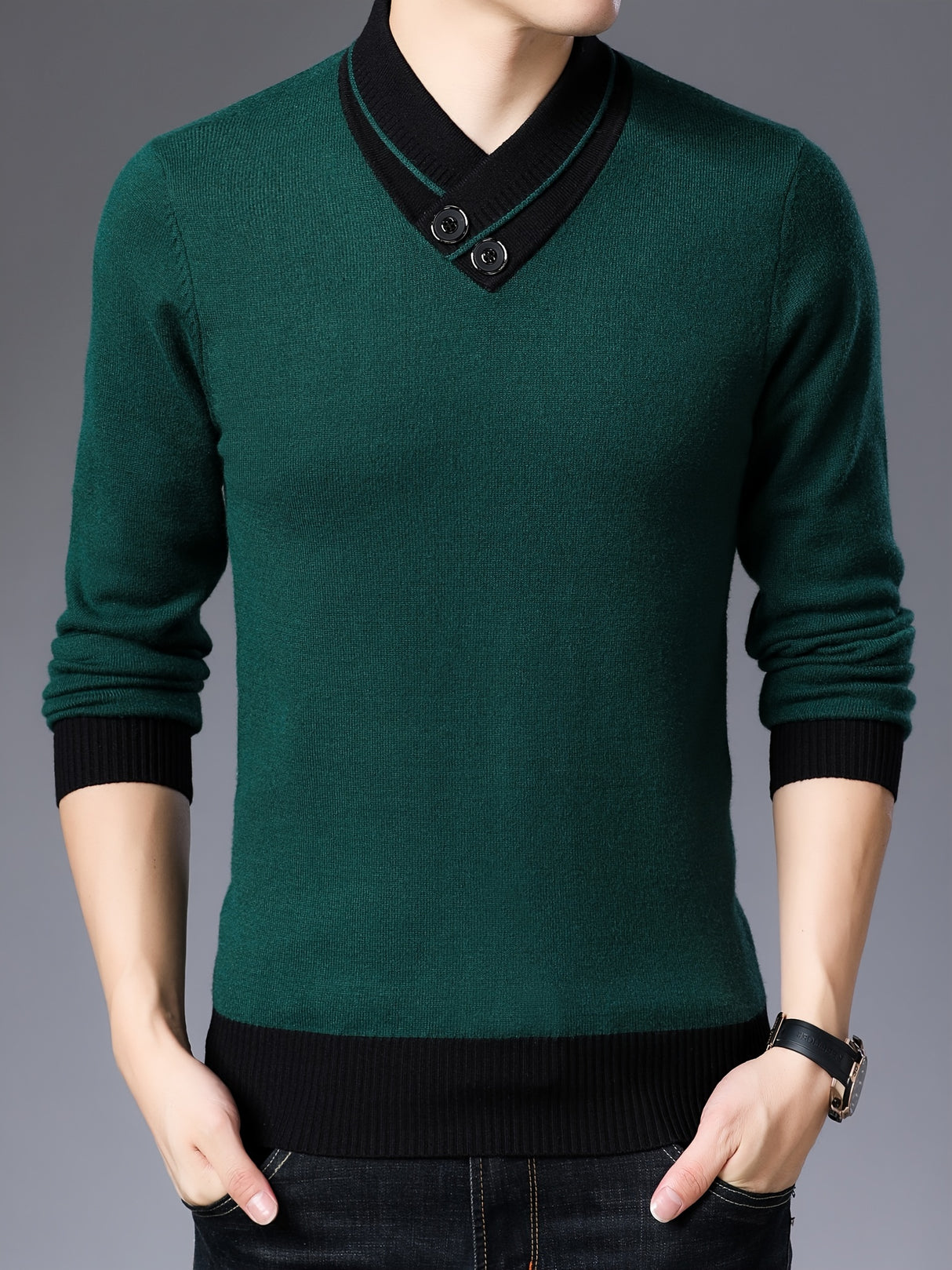 All Match Knitted Slim Sweater, Men's Casual Warm Slightly Stretch Shawl Collar Pullover Sweater For Men Fall Winter