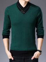 All Match Knitted Slim Sweater, Men's Casual Warm Slightly Stretch Shawl Collar Pullover Sweater For Men Fall Winter