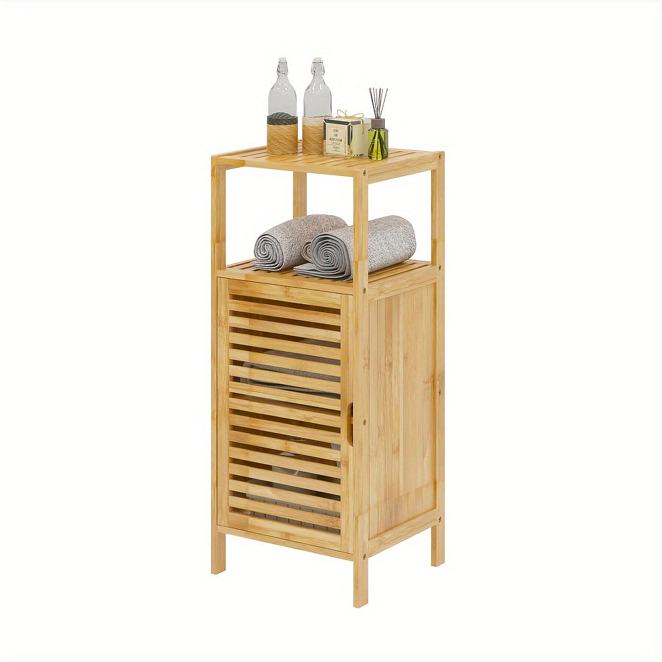 14.2 Inch SOGES Bamboo Bathroom Storage Cabinet - Floor Standing, Shutter Door, Multi-Shelf Organizer for Bathroom Essentials