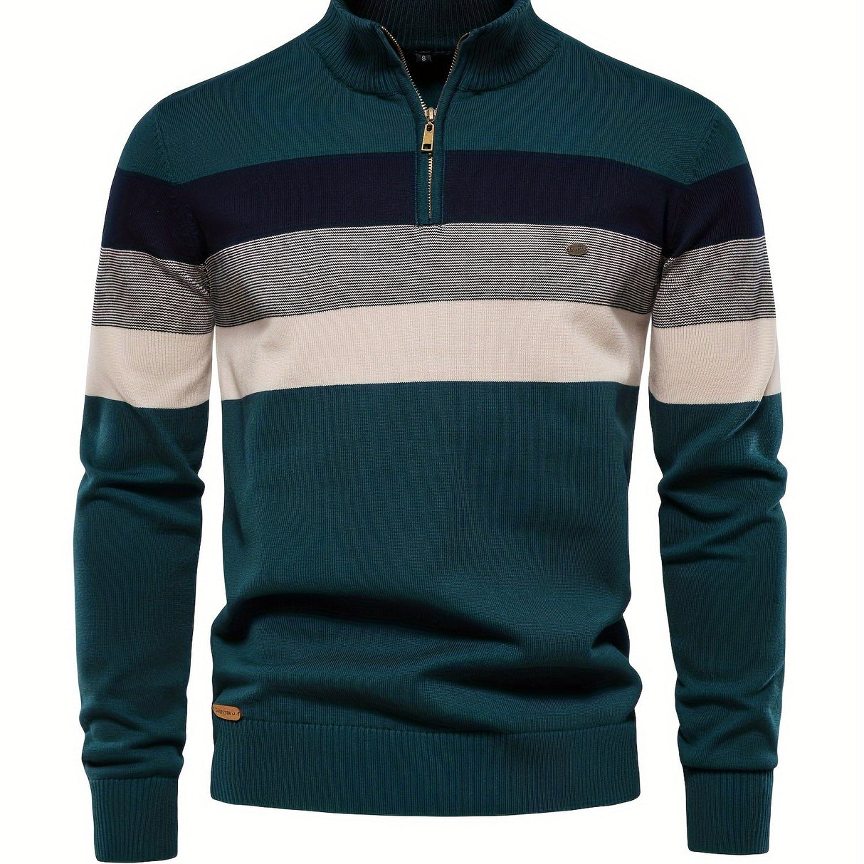 Cotton Knitted Color Block Sweater, Men's Casual Warm Slightly Stretch Half Zipper V Neck Pullover Sweater For Men Fall Winter