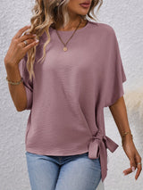Solid Knotted Blouse, Casual Crew Neck Asymmetrical Blouse, Women's Clothing
