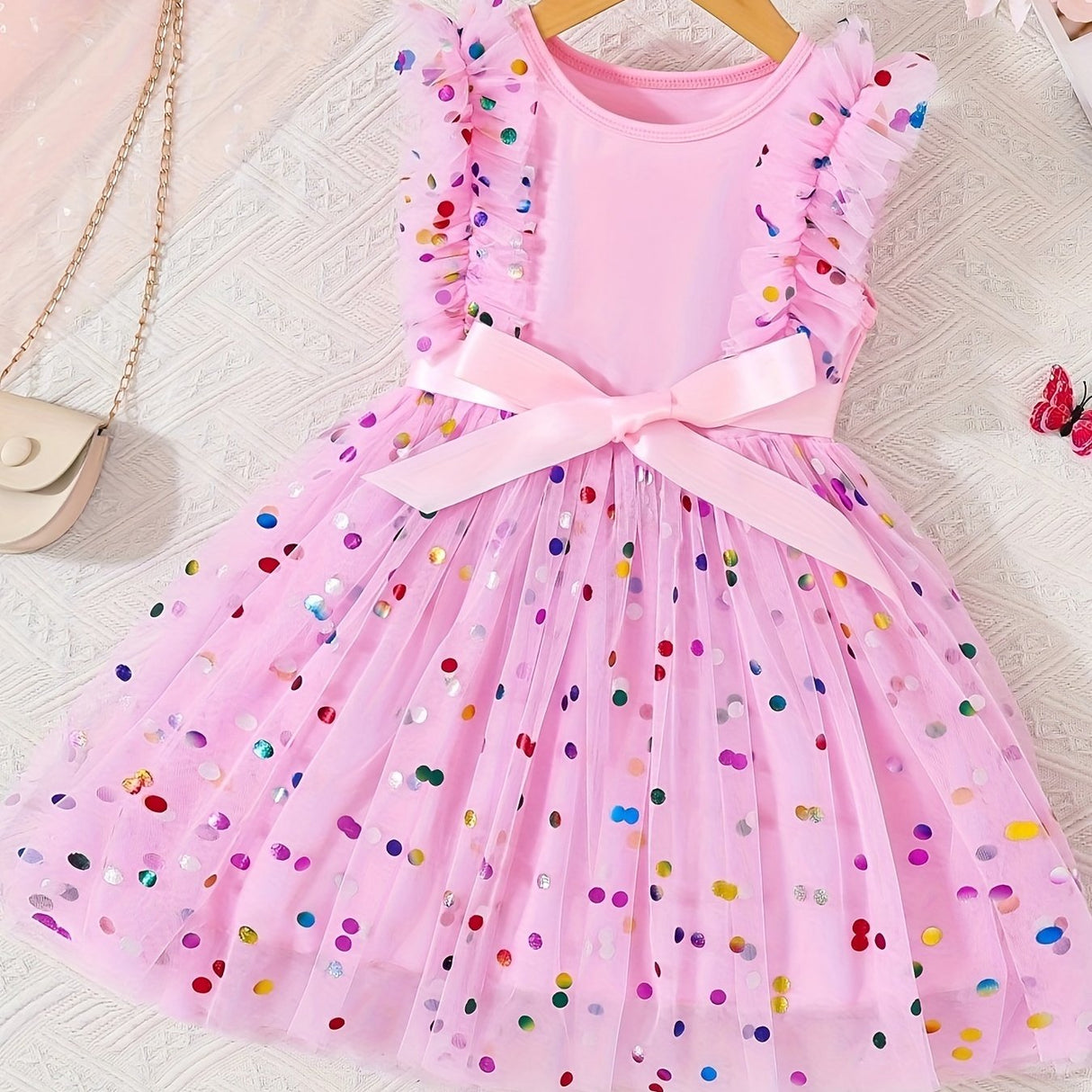 Vibrant Colorful Dot Pattern Flutter Sleeve Crew Neck Mesh Dress - Flowy Sleeves, Breathable Fabric, Matching Belt - Perfect Summer Gift for Little Girls and Princesses, Girls Clothing Collection