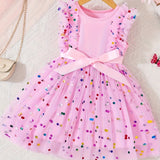 Vibrant Colorful Dot Pattern Flutter Sleeve Crew Neck Mesh Dress - Flowy Sleeves, Breathable Fabric, Matching Belt - Perfect Summer Gift for Little Girls and Princesses, Girls Clothing Collection