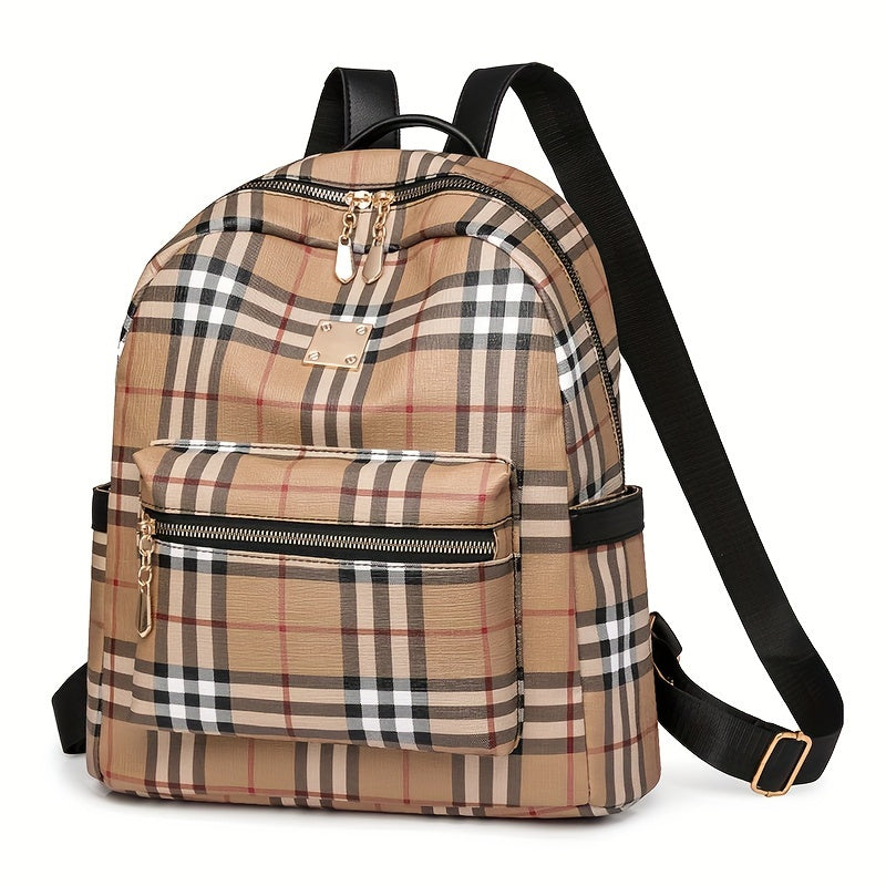 Vintage Plaid PU Material Women's Backpack With Adjustable Straps And Zipper Closure, Casual Style Large Capacity Travel School Bag