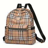 Vintage Plaid PU Material Women's Backpack With Adjustable Straps And Zipper Closure, Casual Style Large Capacity Travel School Bag