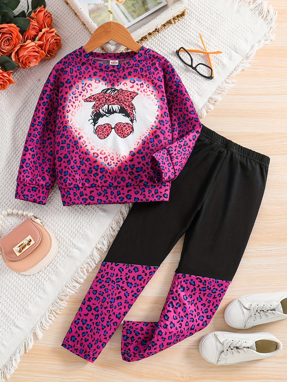 Girl's Camouflage Pattern 2pcs, Long Sleeve Top & Pants Set, Anime Sunglasses Girl Print Casual Outfits, Kids Clothes For Spring Fall