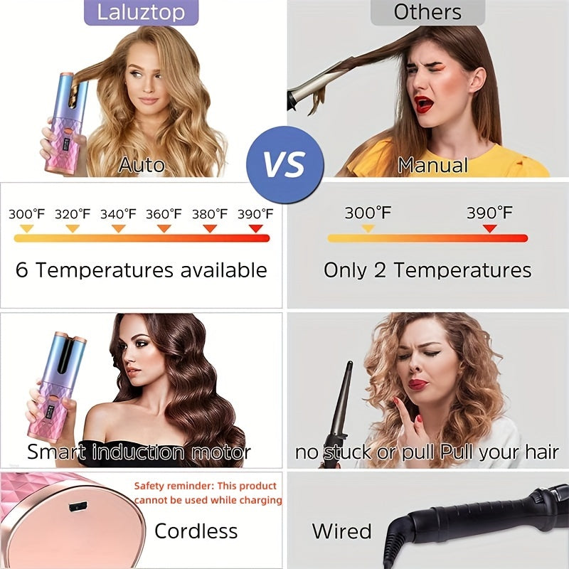 Rechargeable Cordless Hair Curler - Effortless, Precise Curling with 6 Heat & Timer Settings, Fast Heating, and Auto Shut-off - Hassle-Free Styling Experience