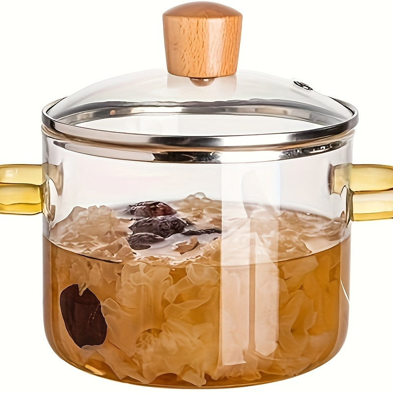 50.72oz Borosilicate Glass Stovetop Pot with Lid - Heat Resistant Transparent Cooking Pot for Soup, Milk, Porridge - Dual Yellow Handles, Microwavable & Stove Compatible Cookware