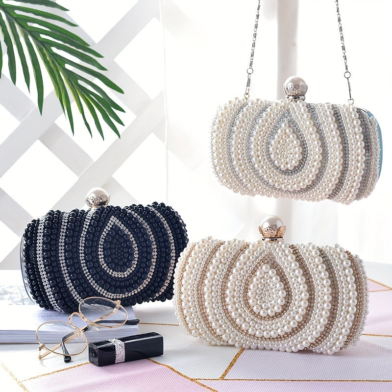 Elegant Striped Fabric Clutch Bag with Beaded Embellishment - Adjustable Strap, Lining, Buckle Closure - Perfect for Wedding Party, Prom, Formal Evening Events