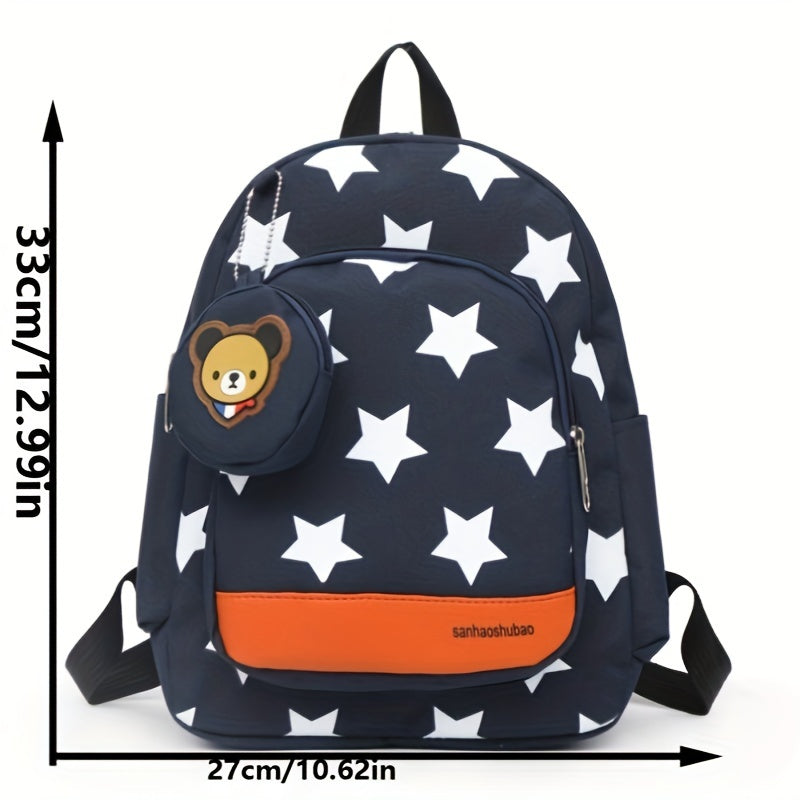 Small Starry Backpack, Navy Blue With White Stars, 12-Inch Casual School Bag For With Bear Charm