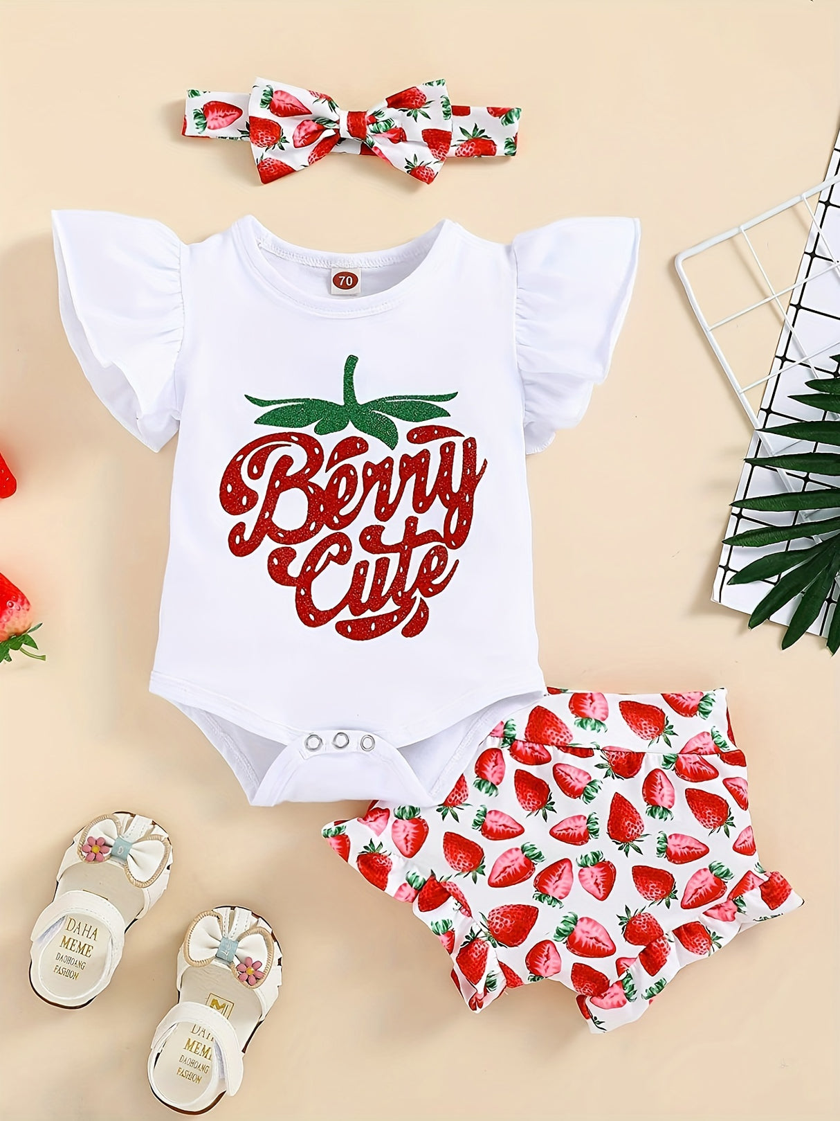 3pcs Baby Girl Summer Outfit: "Little Miss Sunshine" Ruffle Short Sleeve Romper, Floral Shorts & Matching Headband - Cotton Blend, Machine Washable, Casual Baby Clothing | Ruffled Baby Romper | Comfortable Babywear, Baby Girl
