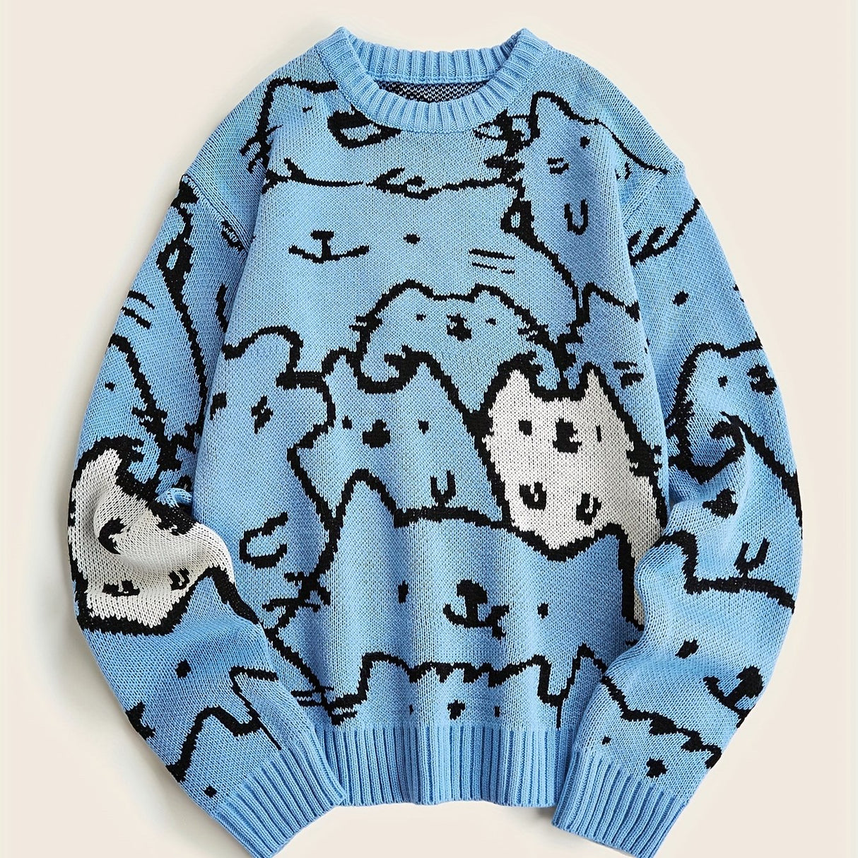 Cute Cats Pattern Knitted Sweater, Men's Casual Warm Slightly Stretch Crew Neck Pullover Sweater For Men Fall Winter