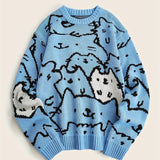 Cute Cats Pattern Knitted Sweater, Men's Casual Warm Slightly Stretch Crew Neck Pullover Sweater For Men Fall Winter
