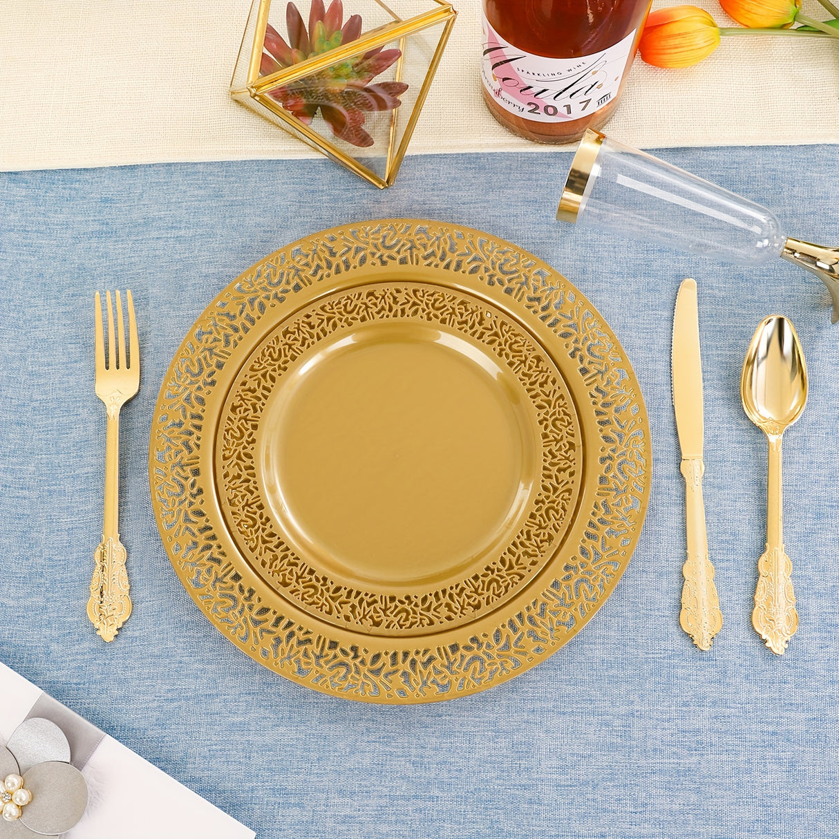 210pcs Solid Golden Disposable Plates with Golden Plastic Silverware and Cups for Party, Golden Plastic Plates Include: 30 Dinner Plates 30 Dessert Plates 30 Rolled Napkins with Cutlery 30 Cups