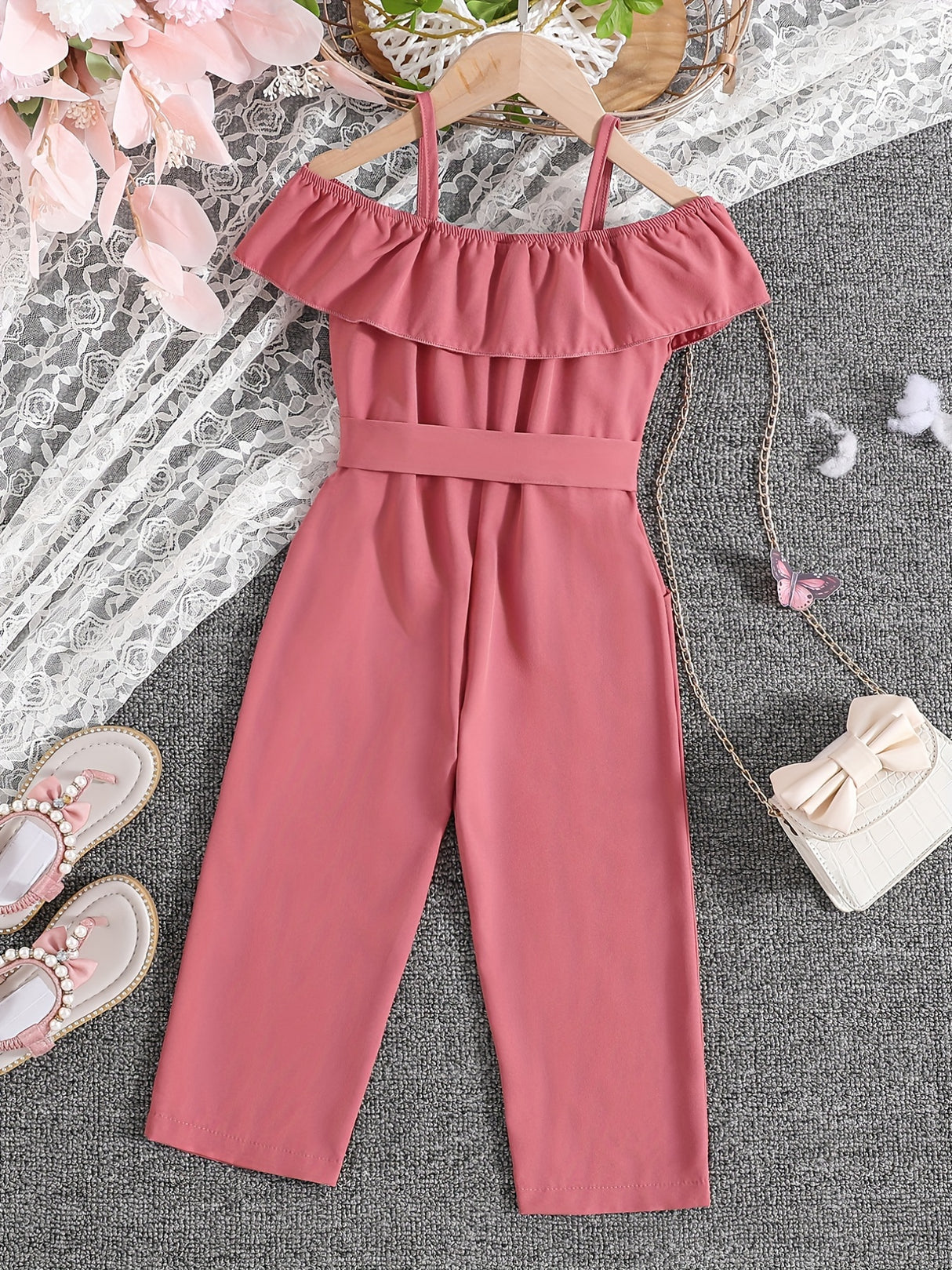Girls Ruffle Cami Romper Belt Off Shoulder Elegant Summer Spring Autumn Kids Clothes