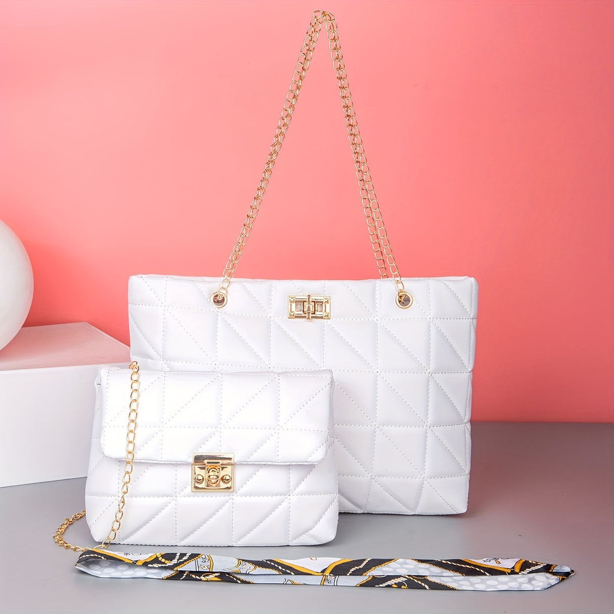 Quilted Detail Tote Bag Set: Classic Shoulder Chain Bag, Crossbody Purse with Scarf Decor