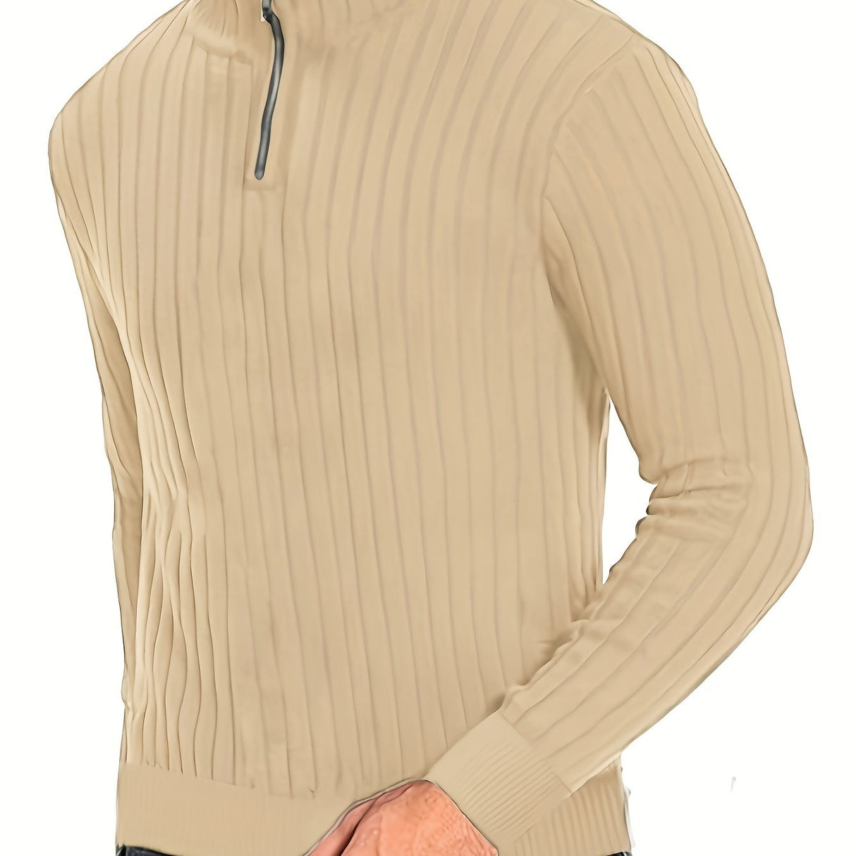 Men's Stand Collar Solid Knit Sweater, Men's Casual Lapel Slightly Stretch V-Neck Pullover Sweater For Men Winter Fall