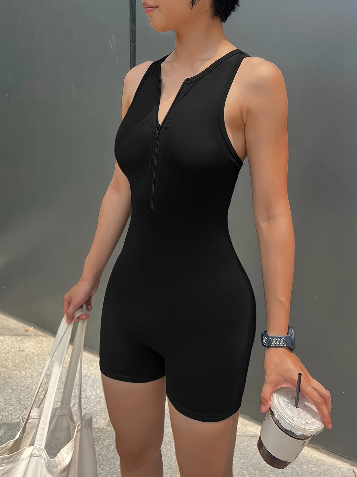Solid Color Tight Sleeveless Yoga Jumpsuits - Women's Zipper Hollow Back Sports Casual Without Chest Pad