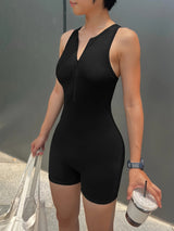 Solid Color Tight Sleeveless Yoga Jumpsuits - Women's Zipper Hollow Back Sports Casual Without Chest Pad