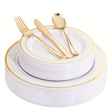 50pcs Gold Plastic Plates with Silverware, Gold Dinnerware Set Perfect for Wedding Includes: 10 Dinner Plates 10.25", 10 Salad Plates 7.5", 10 Gold Silverware Sets, White Gold Plates for Party, Holidays, Hand washable and reu