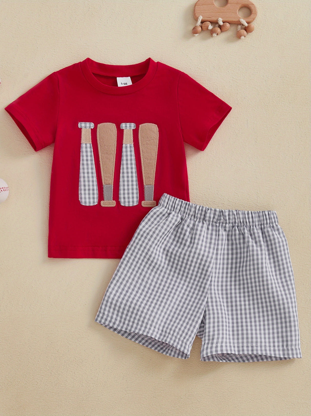 Toddler Boys' Baseball Embroidered Cotton Shorts Set - Comfy Short Sleeve Round Neck Top with Elastic Waistband Plaid Shorts, Machine Washable, All-Season Wear, Comfortable Playwear|Playful Kids' Clothes|Easycare Clothing, Pe