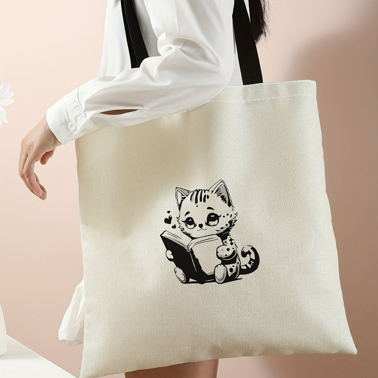 Kawaii Cute Cartoon Print Tote Bag, Large Capacity Canvas Shoulder Bag, Women's Casual Reusable Handbag & Shopping Travel Beach Bag