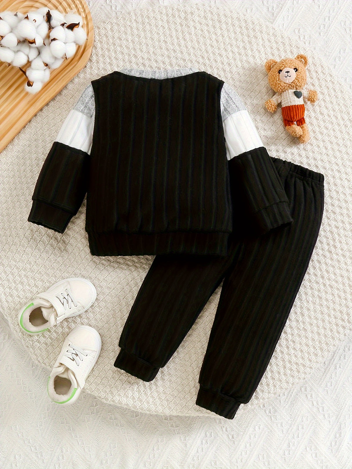 Toddler Boys 2-Piece Outfit, Spring/Autumn Knit Long Sleeve Top with Ribbed Pants, Casual Round Neck, Stretch Polyester, Color Block Design, Elastic Waistband, Baby Clothing Set, For Outdoor