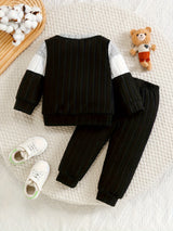 Toddler Boys 2-Piece Outfit, Spring/Autumn Knit Long Sleeve Top with Ribbed Pants, Casual Round Neck, Stretch Polyester, Color Block Design, Elastic Waistband, Baby Clothing Set, For Outdoor