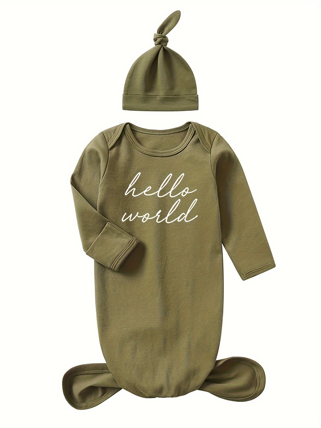 Adorable Baby Boy Gift Set - Soft Cotton Knotted Gown & Matching Hat with "Hello, World" Print, Comfy Onesie for Newborns, Perfect Casual Baby Shower Present for Infant Boys