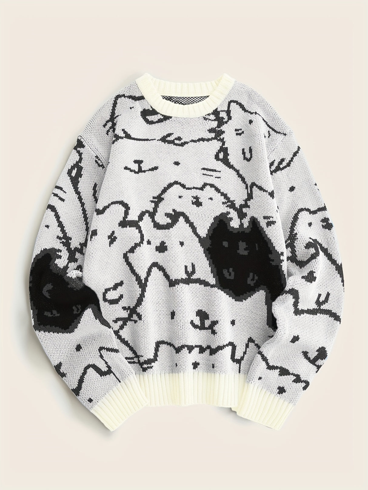 Cute Cats Pattern Knitted Sweater, Men's Casual Warm Slightly Stretch Crew Neck Pullover Sweater For Men Fall Winter