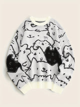 Cute Cats Pattern Knitted Sweater, Men's Casual Warm Slightly Stretch Crew Neck Pullover Sweater For Men Fall Winter
