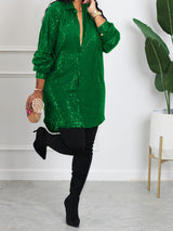 Plus Size Glamour - Sequined, Long Sleeve, Turn Down Collar, Button Up Shirt Dress for Women - Perfect for Party, Evening, and Formal Occasions
